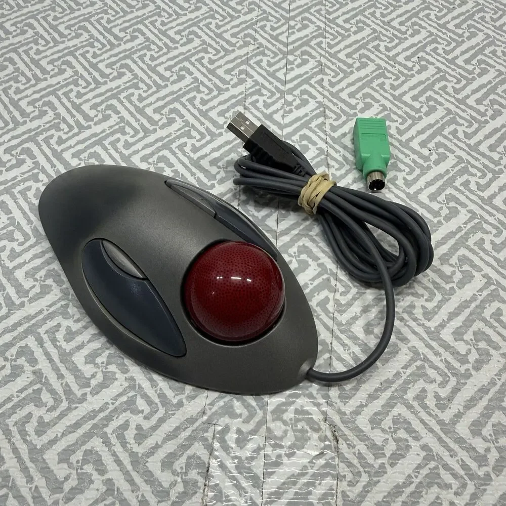 Logitech Trackman Marble USB Wired Trackball Mouse T-BC21 Gray Red Ball + PS/2